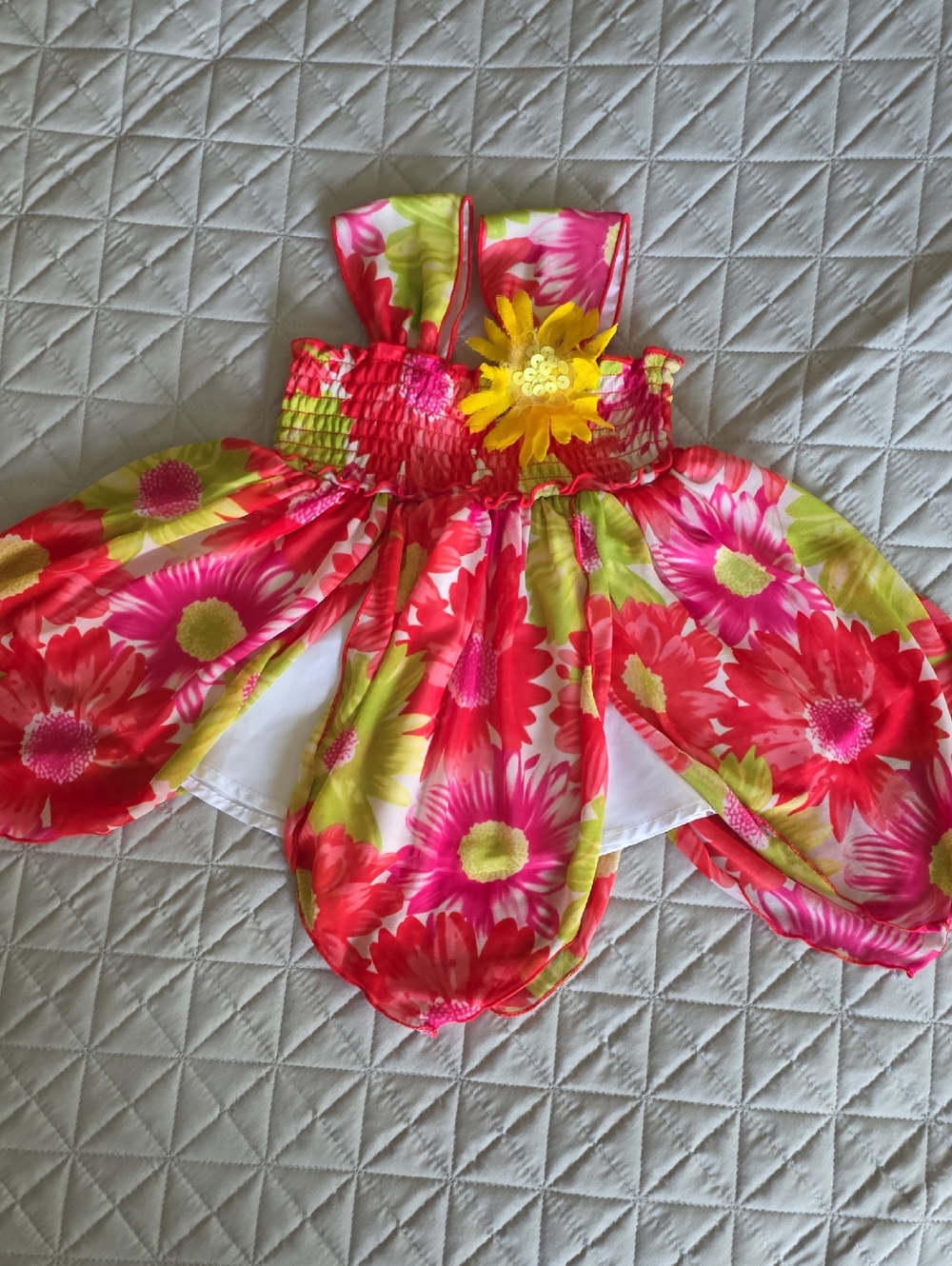 Bonnie Baby Pink, Green & Yellow Floral Sundress with Flower Accent